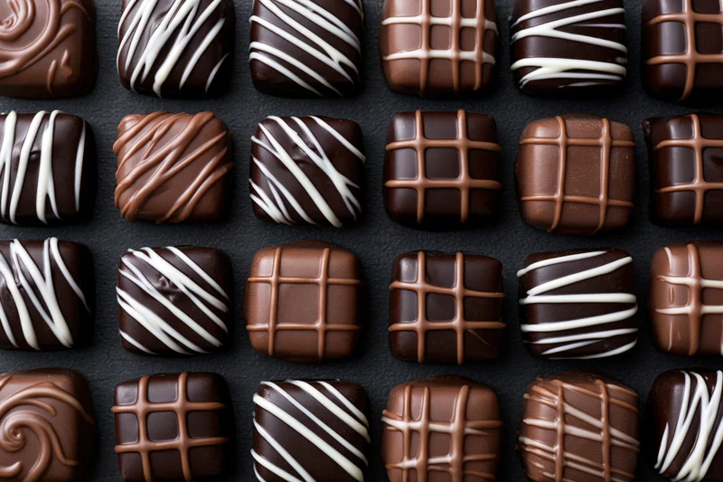 Rows of assorted chocolate candies arranged in a tight grid on dark surface