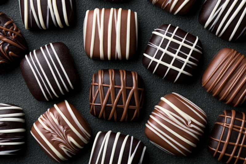 Assorted chocolate confections with white and milk chocolate drizzle patterns arranged on dark surface