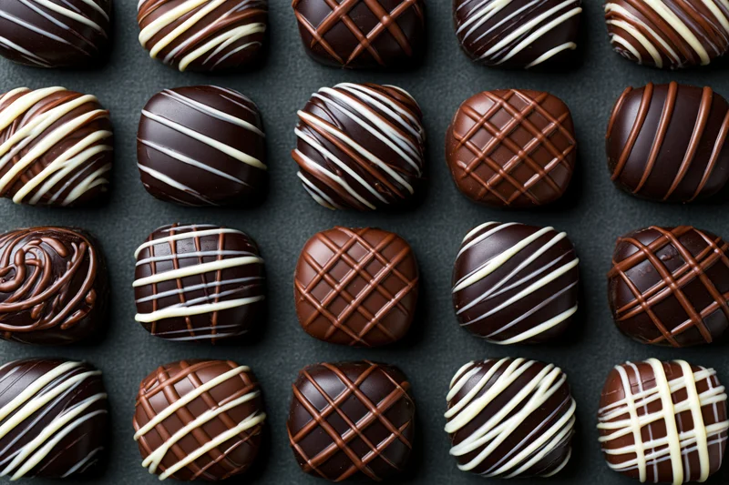 Rows of assorted chocolate confections arranged in a tight grid on dark surface