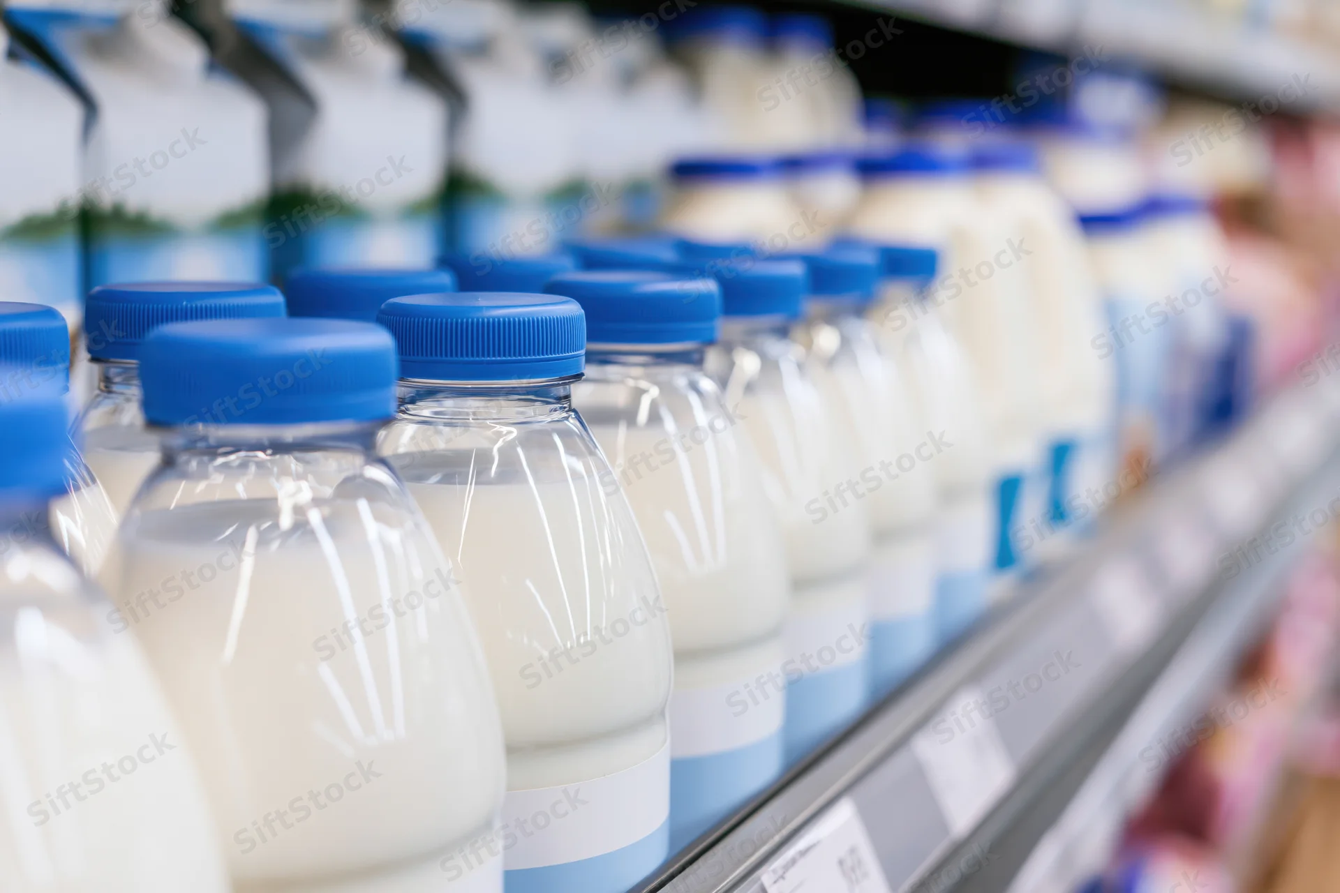 Rows of clear plastic milk bottles with blue caps lined up on a refrigerated grocery store shelf