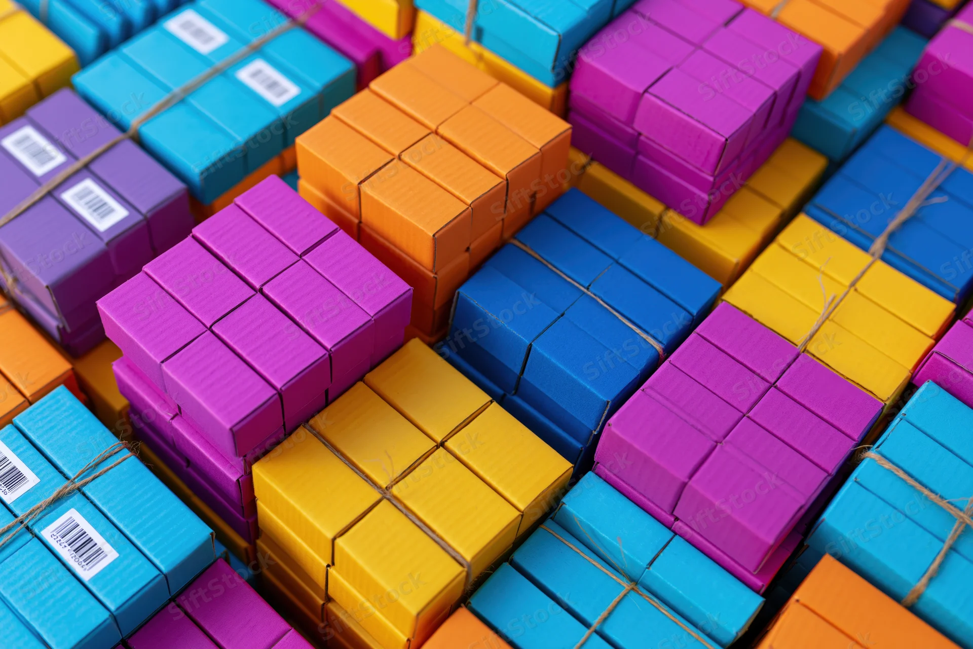 Stacks of colorful cardboard shipping boxes bundled with twine and labeled with barcodes in a warehouse setting
