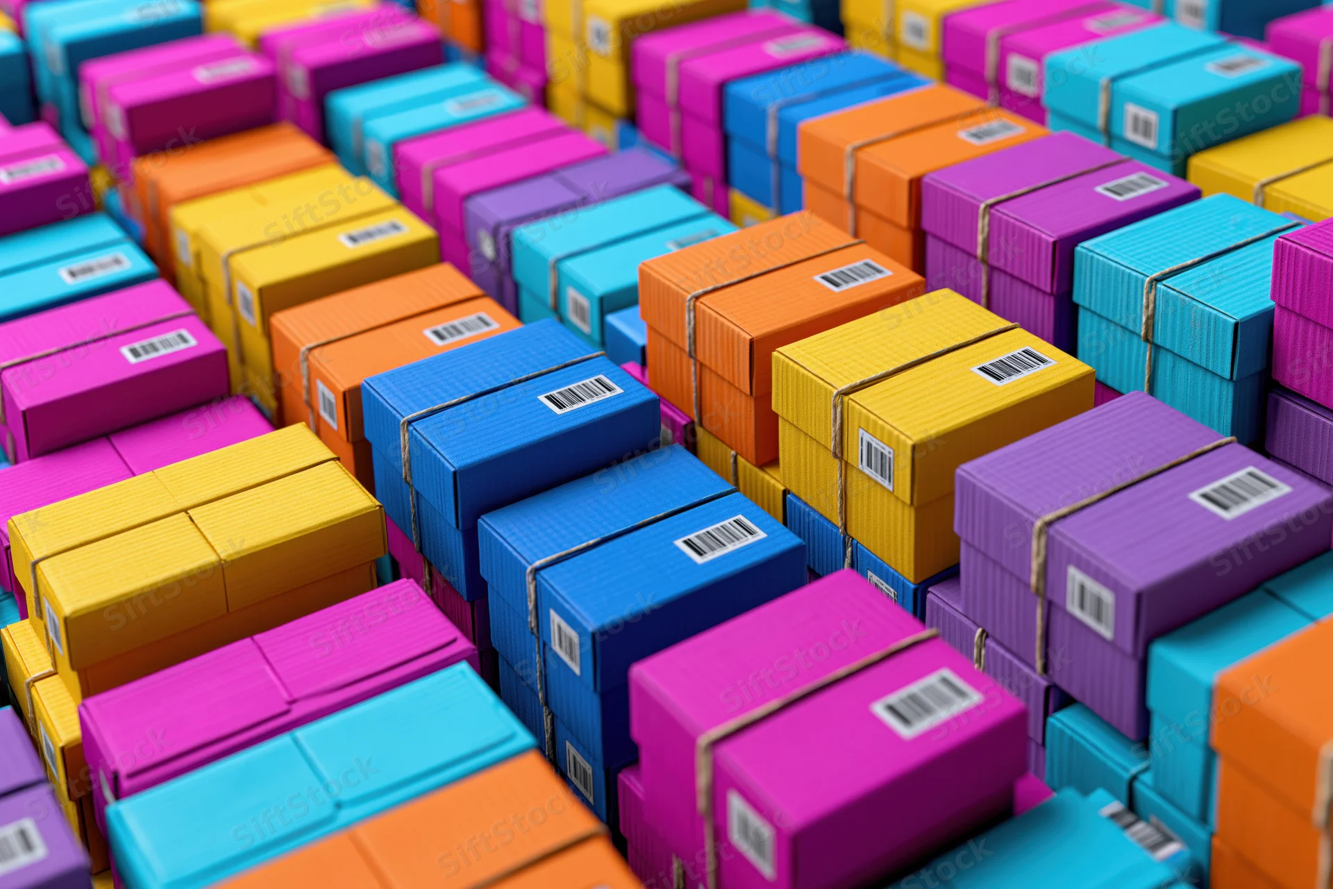 Rows of colorful cardboard shipping boxes stacked tightly in a warehouse