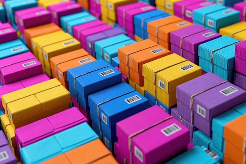 Rows of colorful cardboard shipping boxes stacked tightly in a warehouse