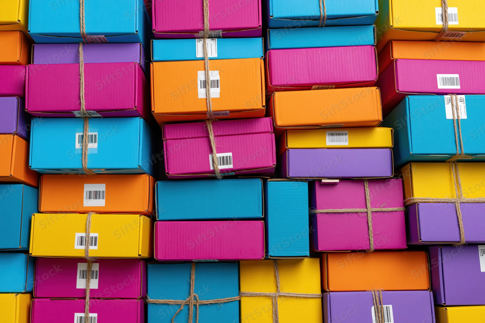 Colorful cardboard shipping boxes stacked tightly in rows, viewed from above