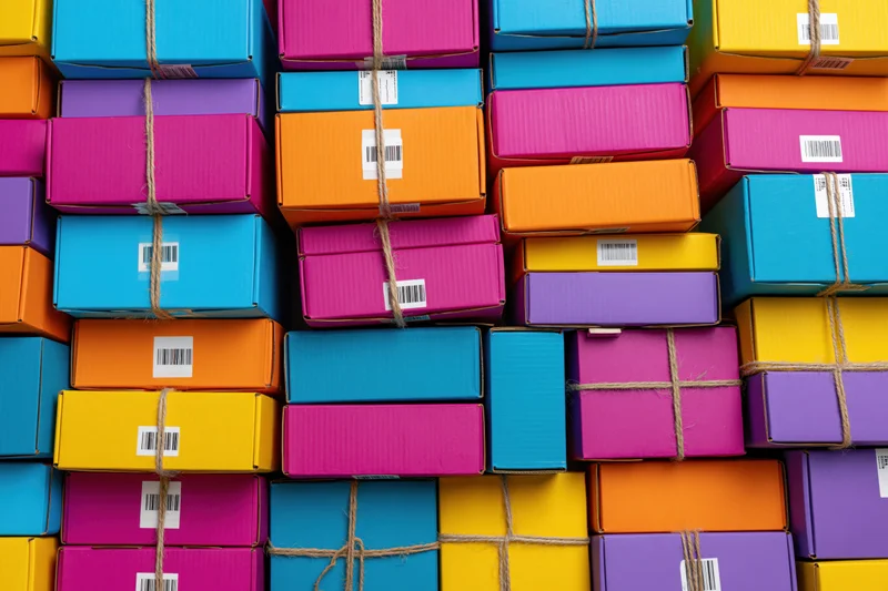 Colorful cardboard shipping boxes stacked tightly in rows, viewed from above