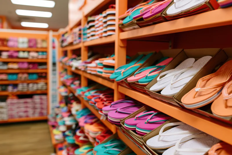 Colorful flip-flops and sandals arranged on orange shelves in a retail store