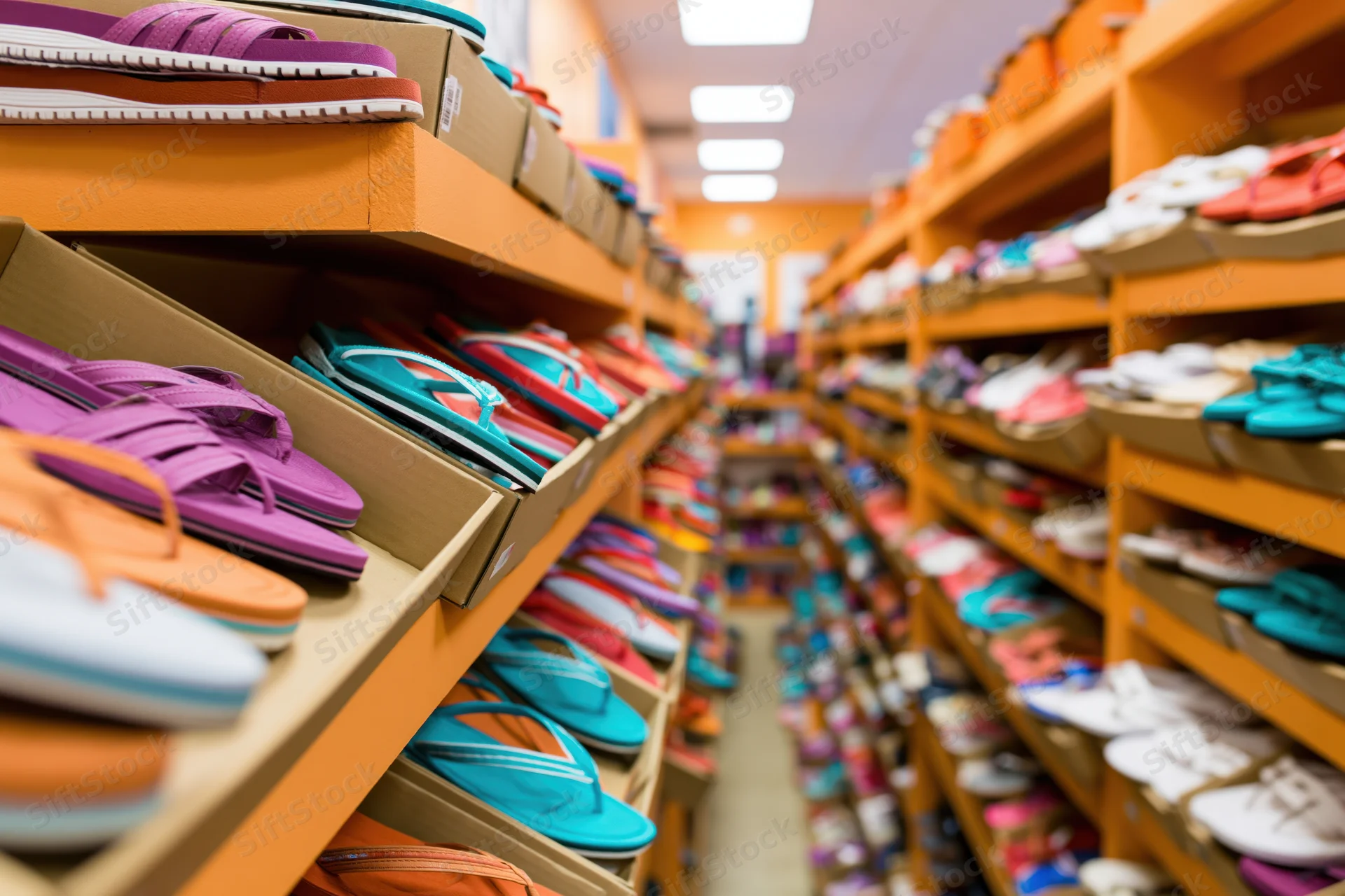 Colorful flat sandals and flip-flops displayed on orange shelves in a retail store aisle