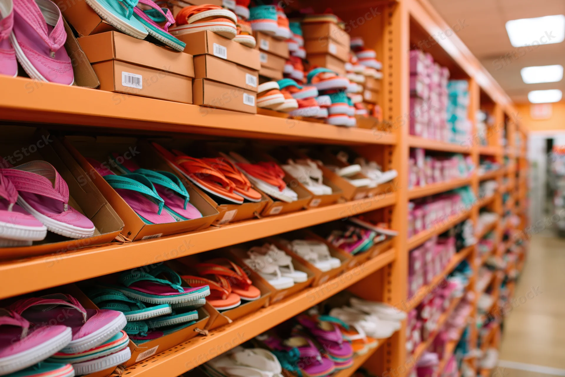 Colorful flat sandals and flip-flops displayed on orange shelves in a retail store aisle