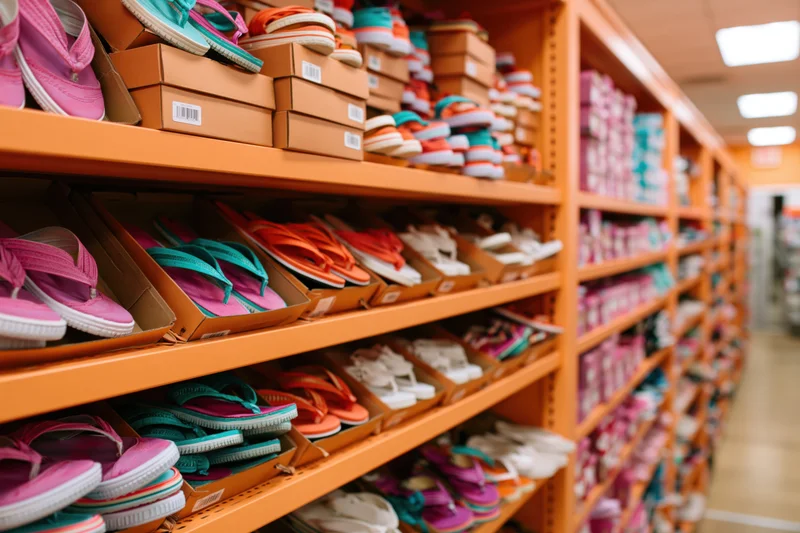 Colorful flat sandals and flip-flops displayed on orange shelves in a retail store aisle