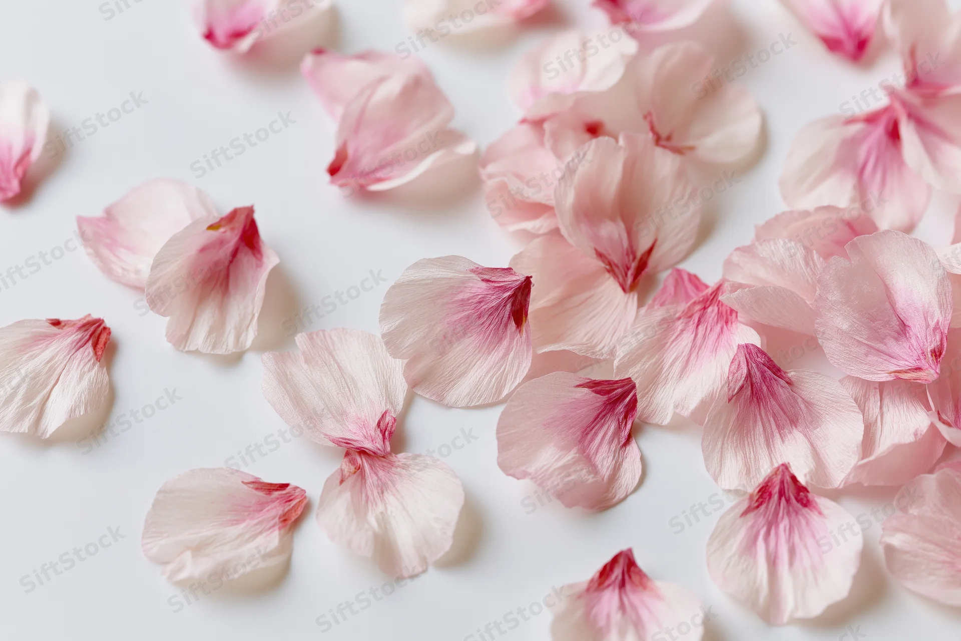 Scattered cherry blossom petals on a white surface