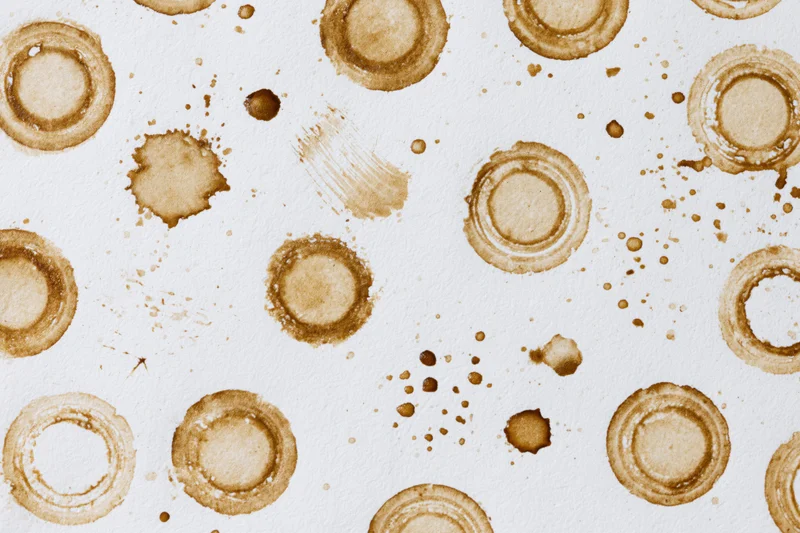 Coffee ring stains and splatters scattered across white paper surface