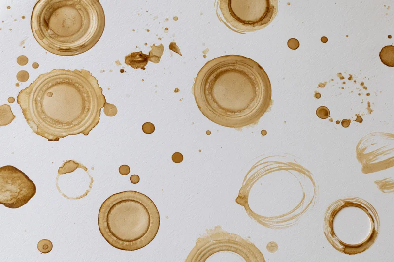 Coffee stains and ring marks scattered across white paper surface
