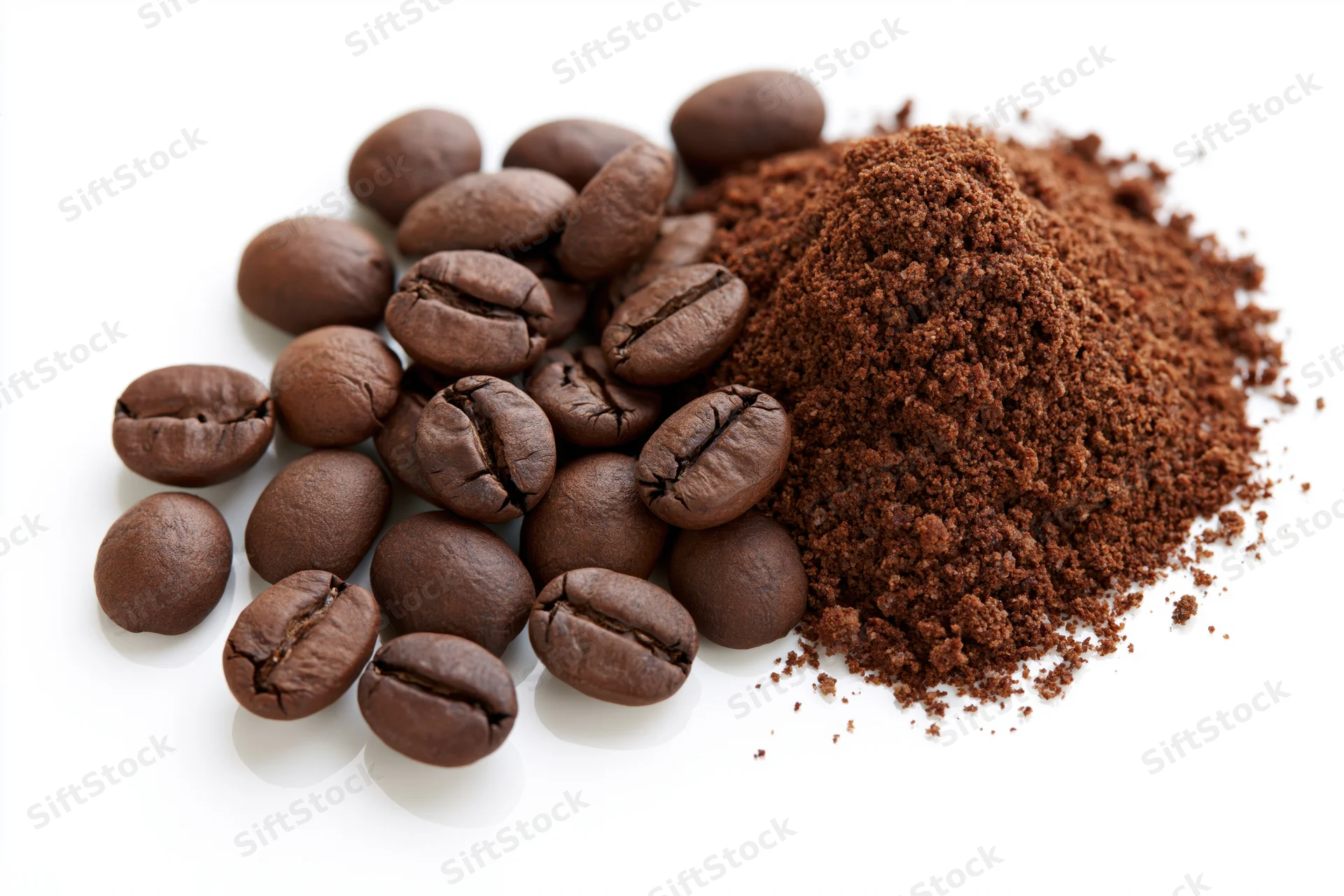 Whole roasted coffee beans and ground coffee piled together on white background