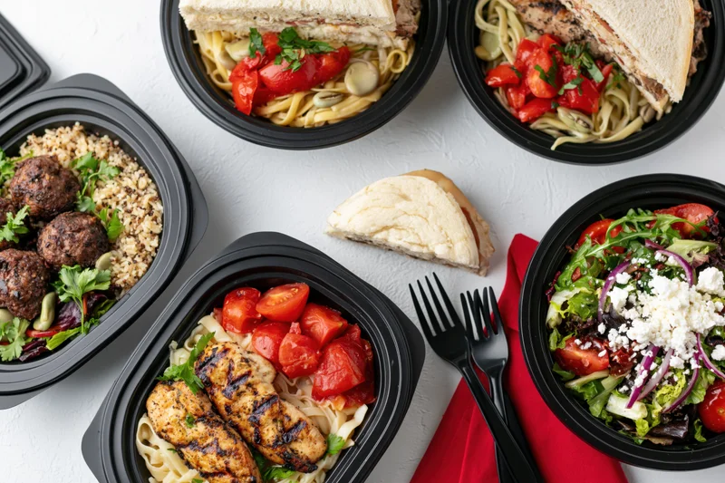 Several black plastic takeout containers filled with prepared meals arranged on a white surface with forks and a red napkin