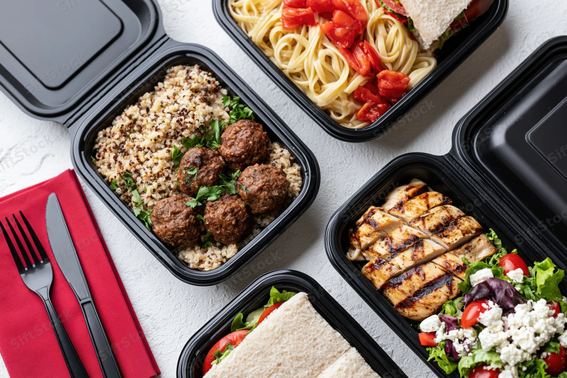 Black plastic takeout containers with prepared meals arranged on white surface with cutlery and red napkin
