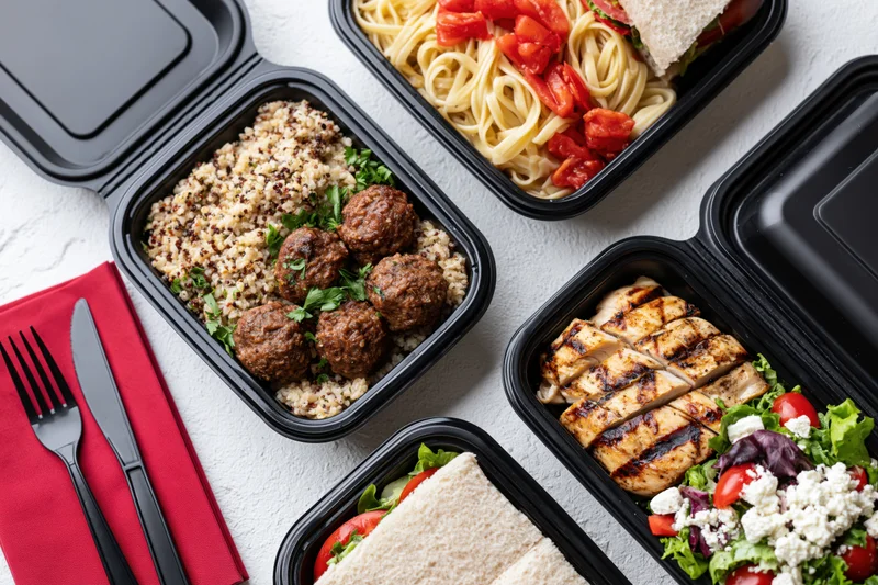 Black plastic takeout containers with prepared meals arranged on white surface with cutlery and red napkin
