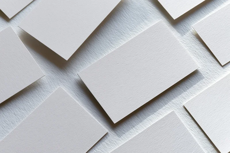 Blank white business cards scattered and overlapping on textured surface