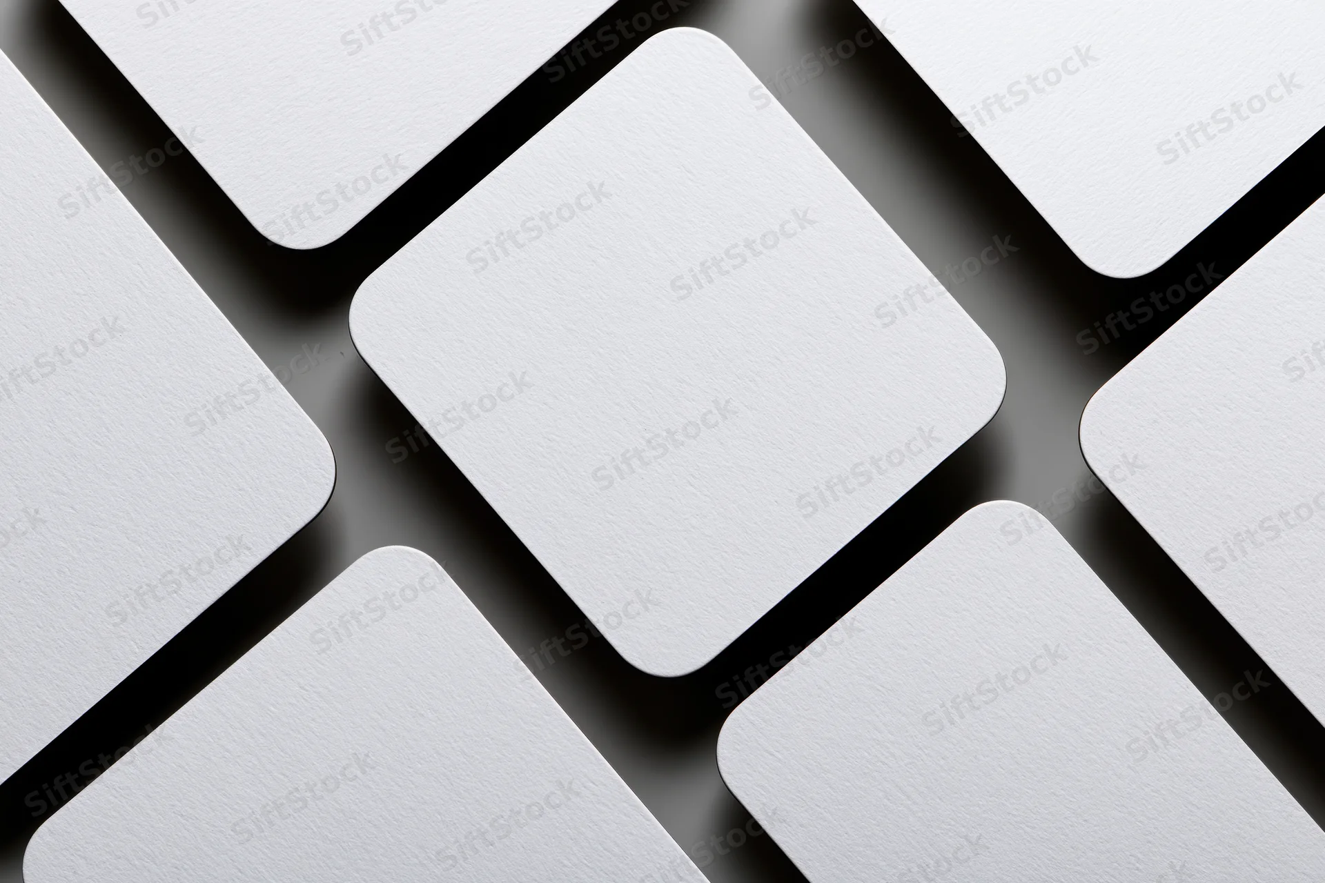 Blank white rounded-rectangle cards arranged in a diagonal pattern on dark surface