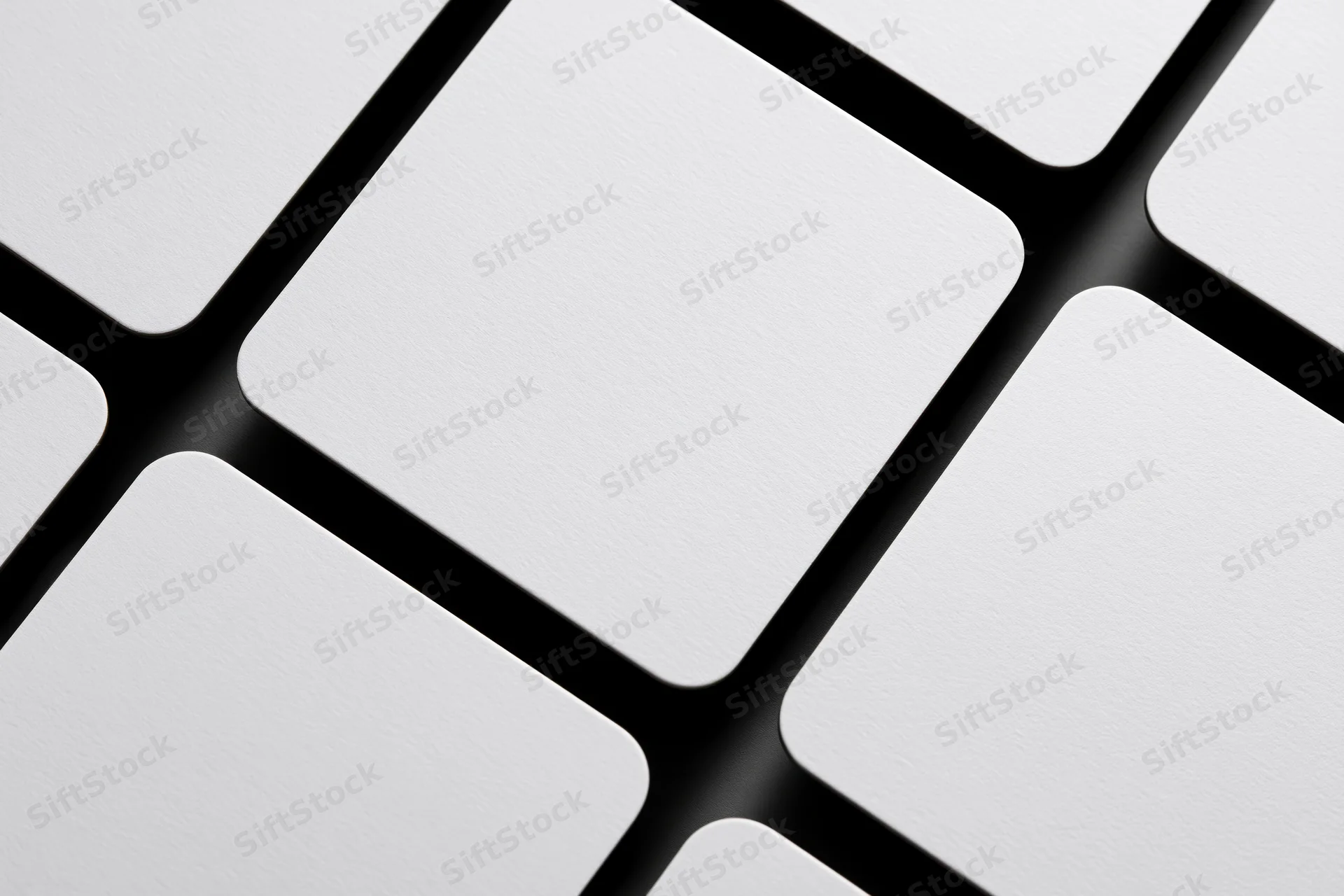 Blank white rounded rectangle cards arranged in a grid pattern with black borders and shadows