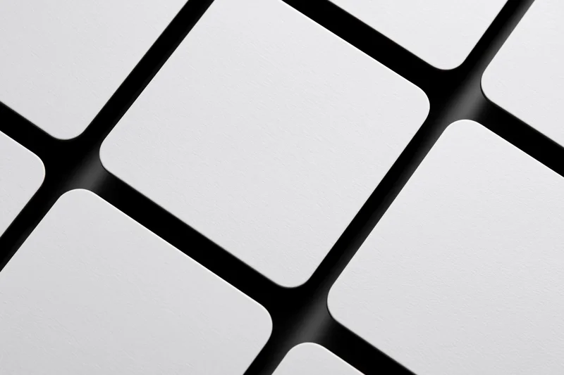 Blank white rounded rectangle cards arranged in a grid pattern with black borders and shadows