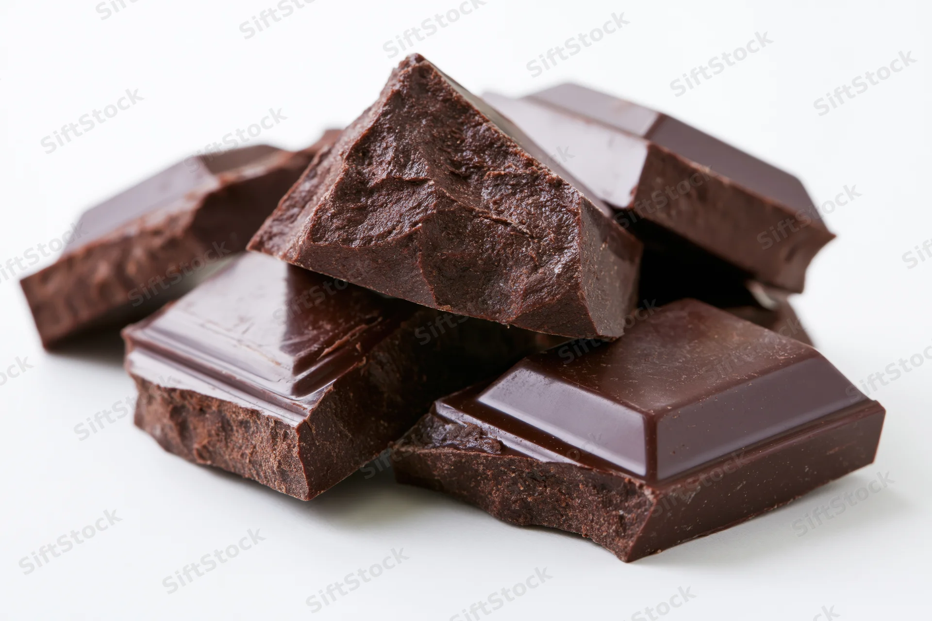 Broken dark chocolate chunks stacked loosely on white background