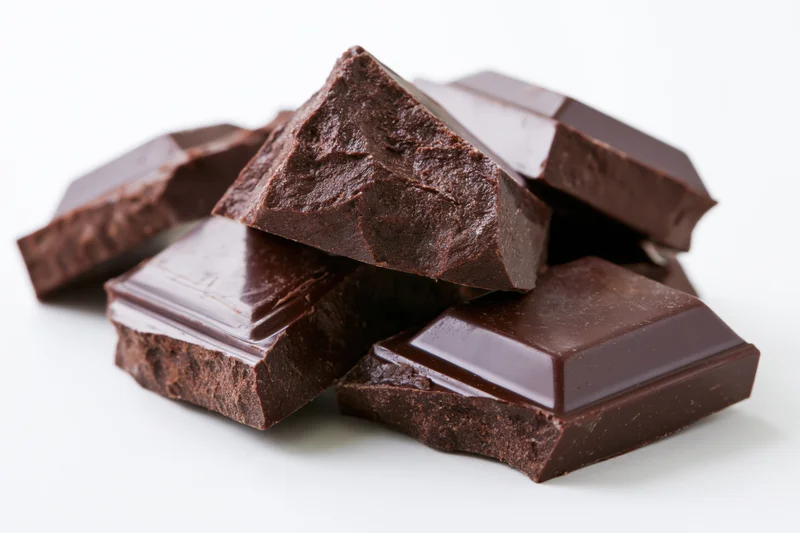 Broken dark chocolate chunks stacked loosely on white background