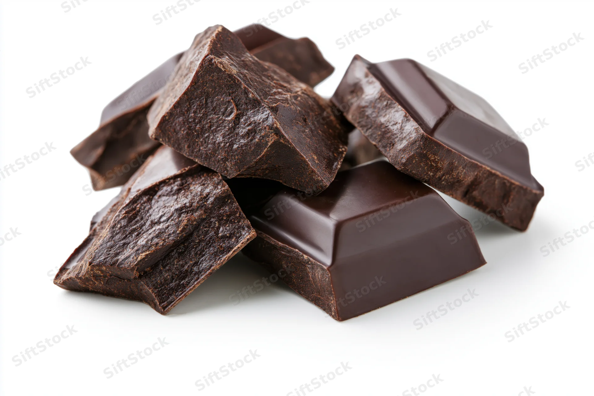 Broken dark chocolate chunks stacked loosely on white background