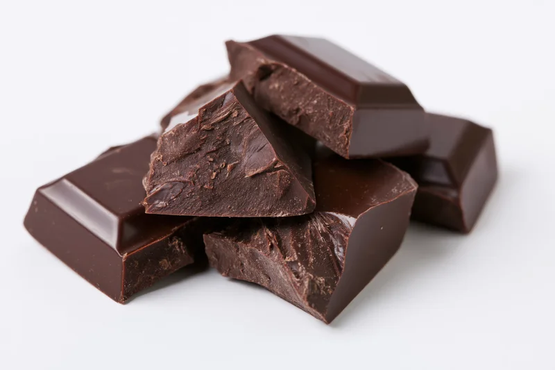 Broken dark chocolate chunks stacked loosely on white background