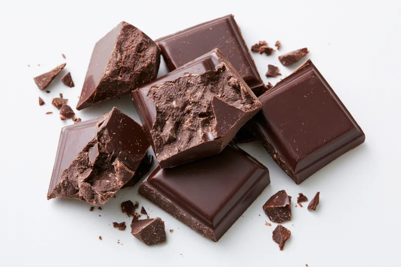 Broken dark chocolate pieces and small crumbled shards scattered on white background
