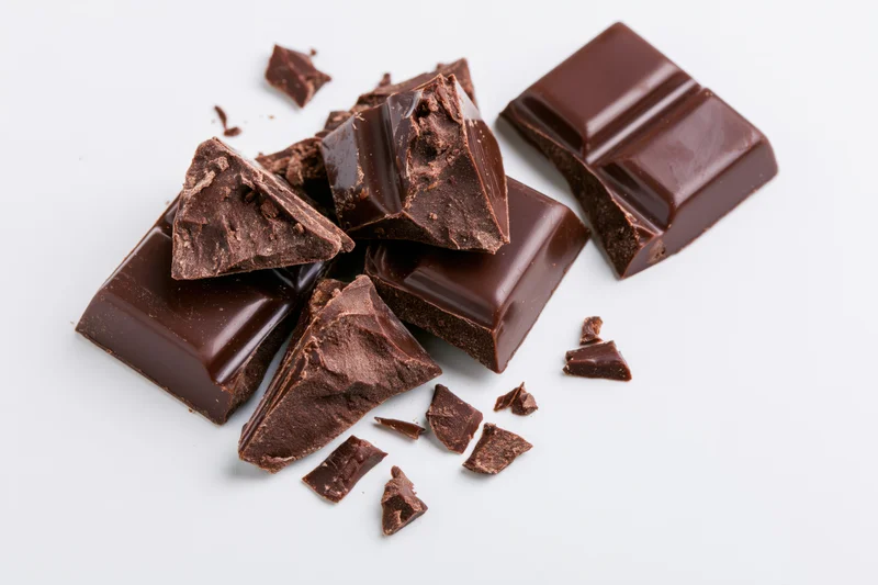 Broken dark chocolate pieces and small crumbled shards on white background