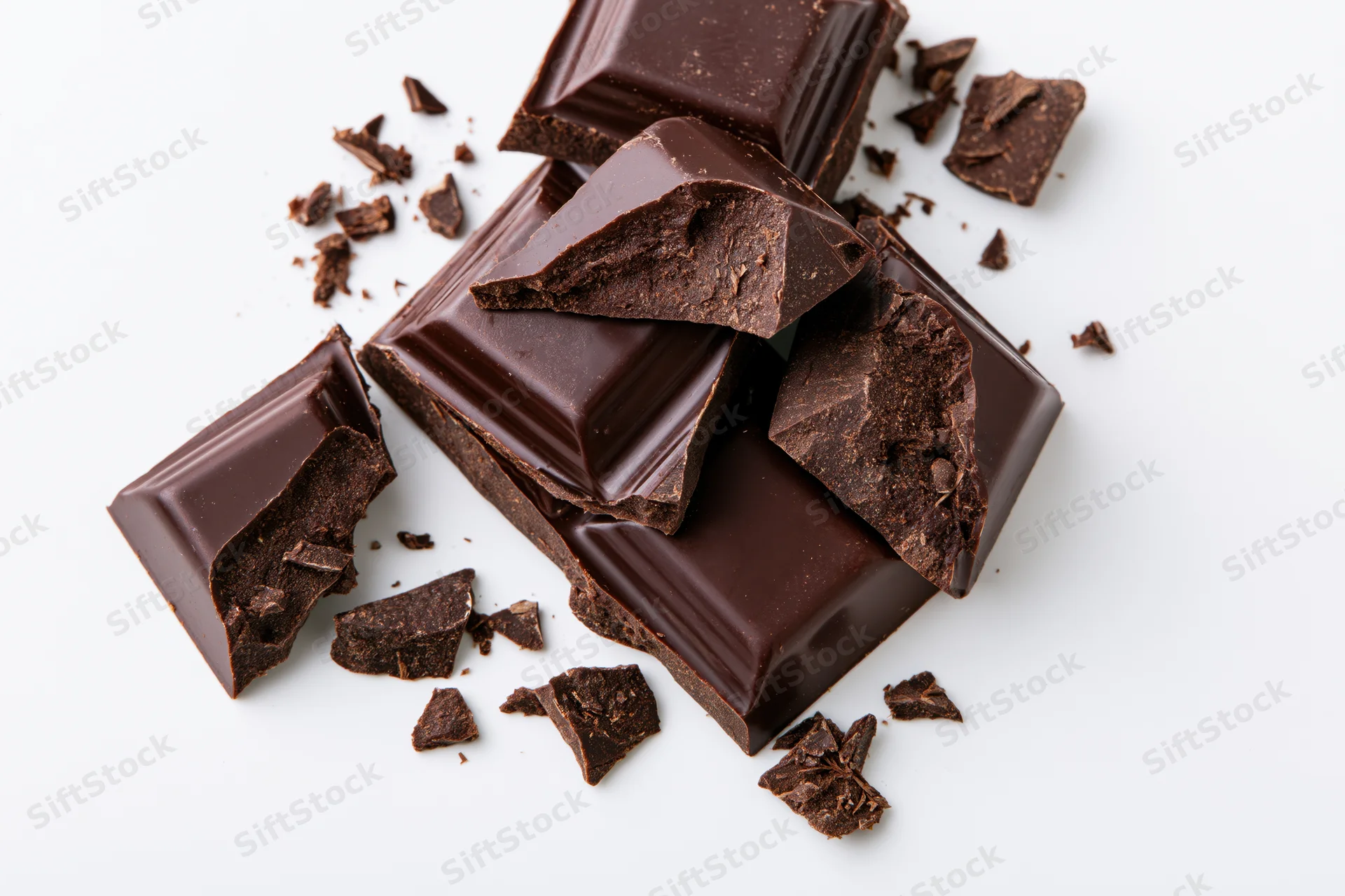 Broken dark chocolate pieces and small crumbled shards scattered on white surface