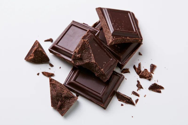 Broken dark chocolate pieces and small crumbled shards on white background
