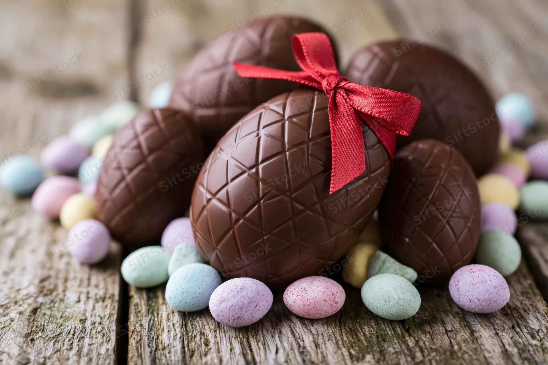 Chocolate easter eggs with red ribbon arranged on rustic wooden surface surrounded by pastel candy-coated eggs