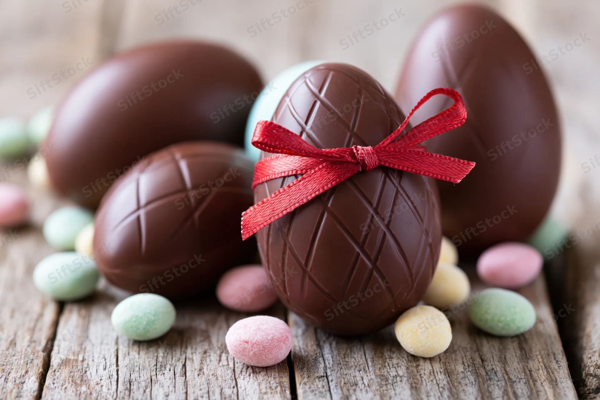 Chocolate easter eggs with red ribbon arranged on rustic wooden table