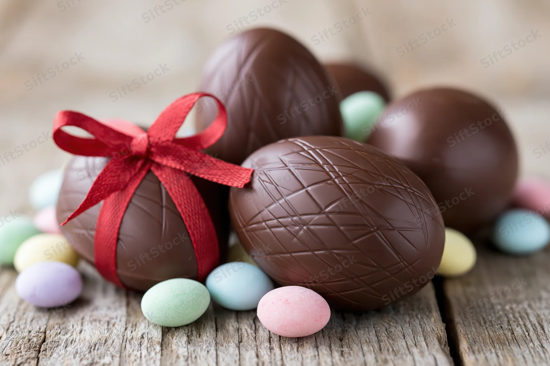 Chocolate easter eggs with red ribbon and pastel candies on wooden surface