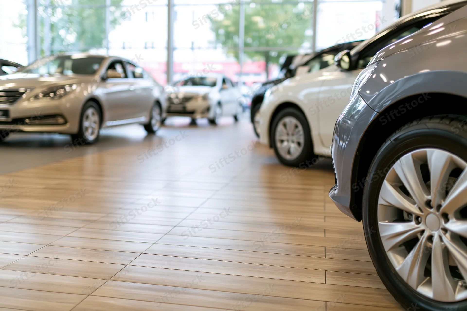 New cars displayed in a showroom with polished wood tile flooring