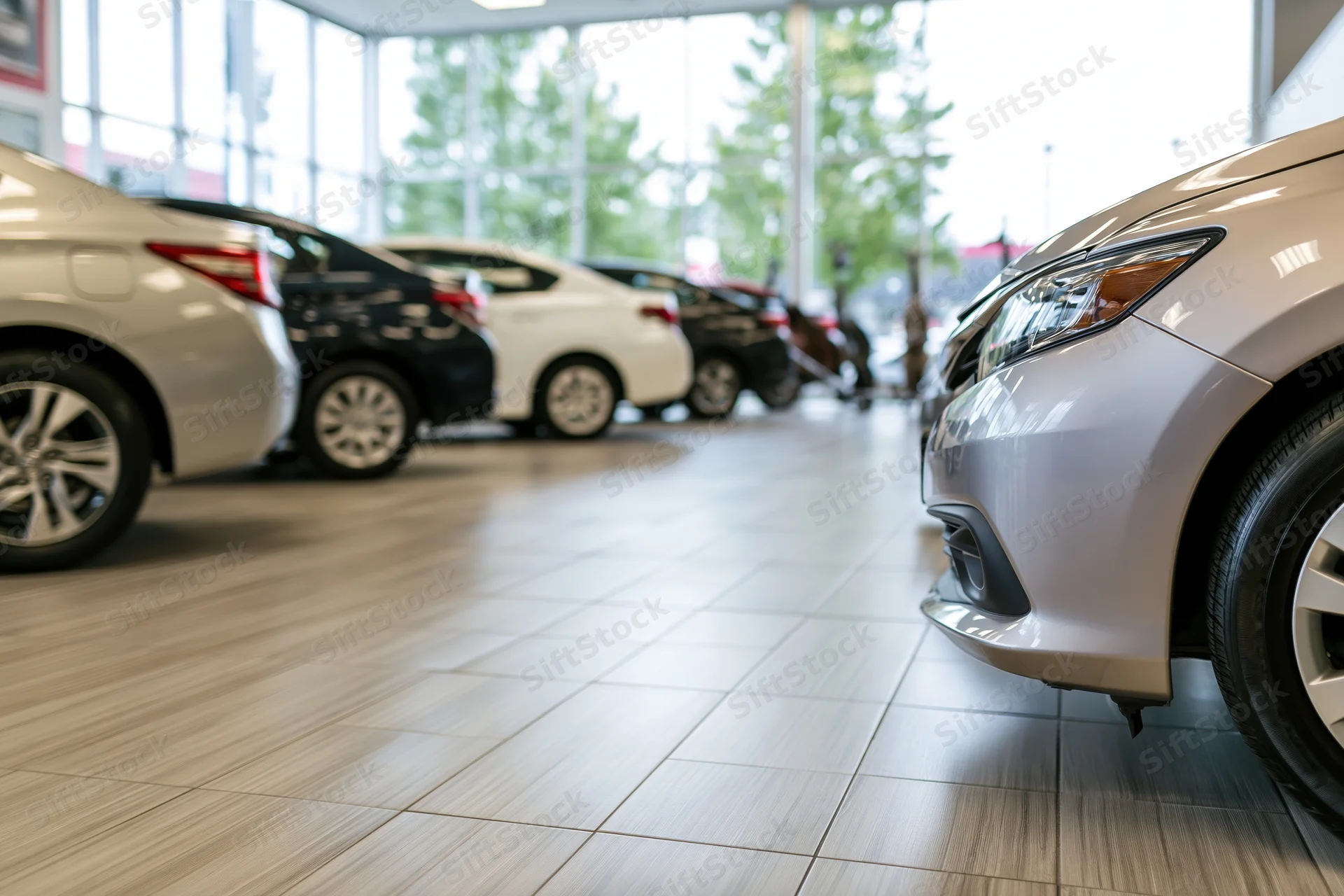 New cars lined up in a showroom with polished wood tile flooring
