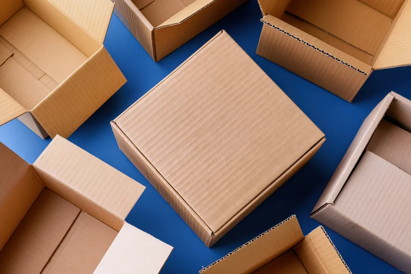 Open empty cardboard shipping boxes scattered on blue surface in overhead view
