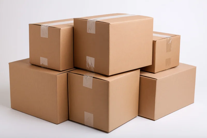 Stacked cardboard boxes sealed with tape on a white background