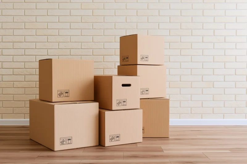 Stacked cardboard moving boxes of varying sizes arranged in a room with brick wall and wooden floor