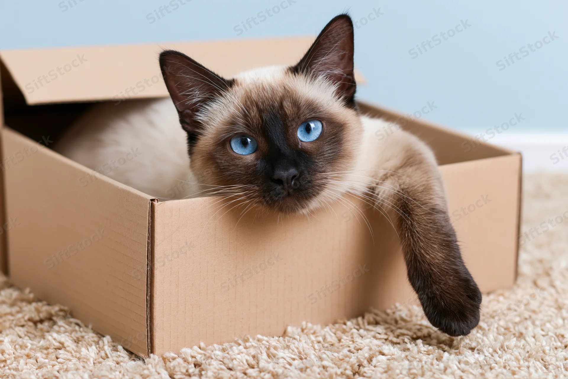 Siamese cat lounging inside open cardboard box with one paw resting on edge on beige carpet