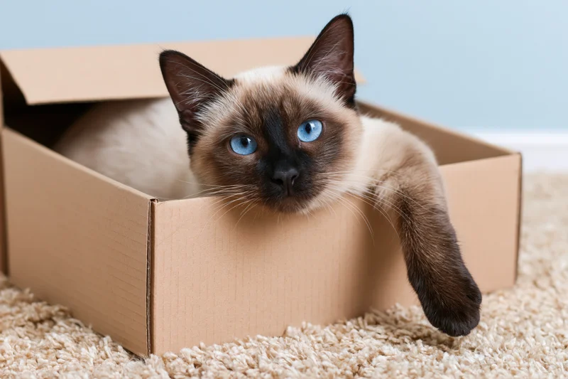 Siamese cat lounging inside open cardboard box with one paw resting on edge on beige carpet