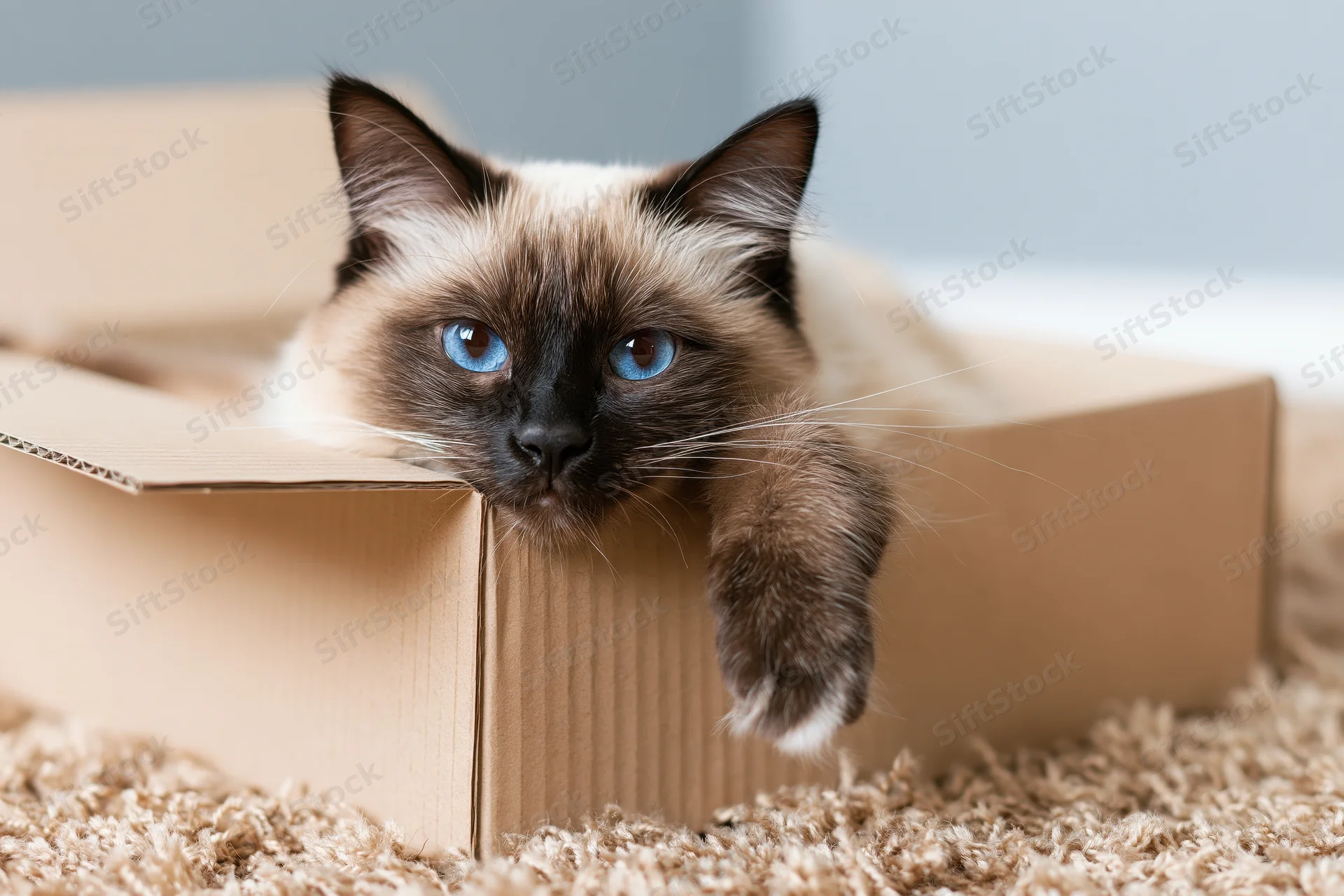 Siamese cat lounging inside open cardboard box with one paw resting on edge on carpeted floor