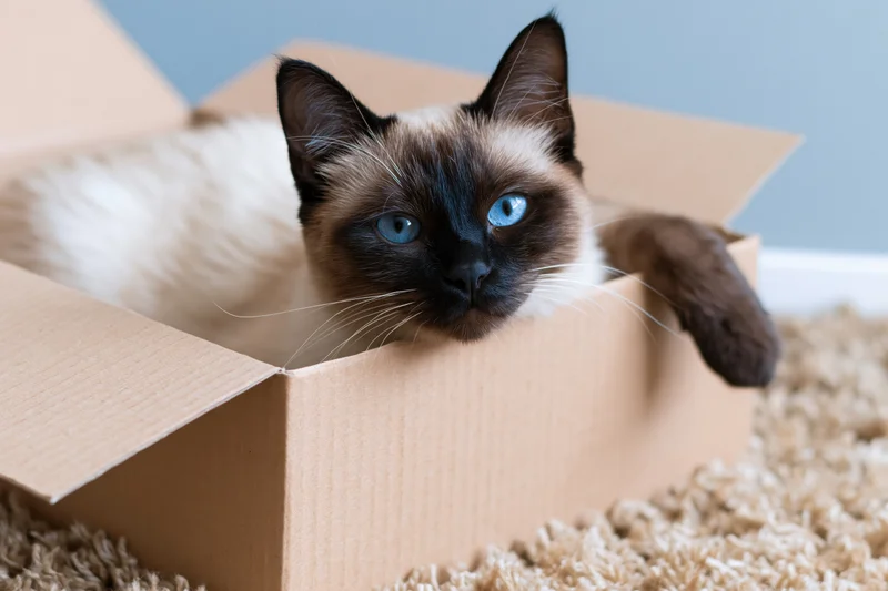 Siamese cat lounging inside open cardboard shoebox with one paw resting on edge on carpeted floor