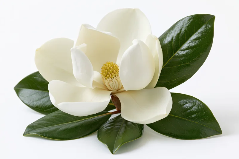 White magnolia bloom with green leaves on a short stem isolated on white background
