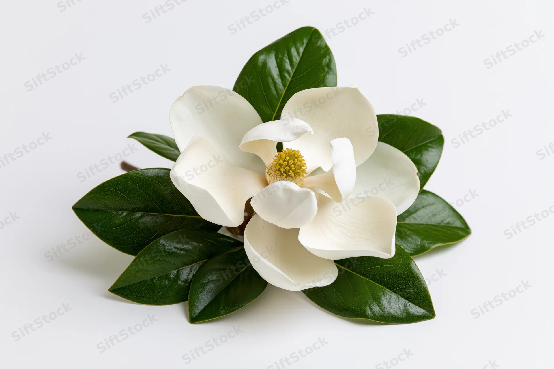 White magnolia bloom with green leaves on a short stem against white background