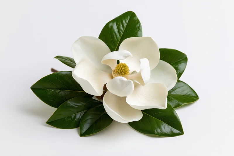 White magnolia bloom with green leaves on a short stem against white background