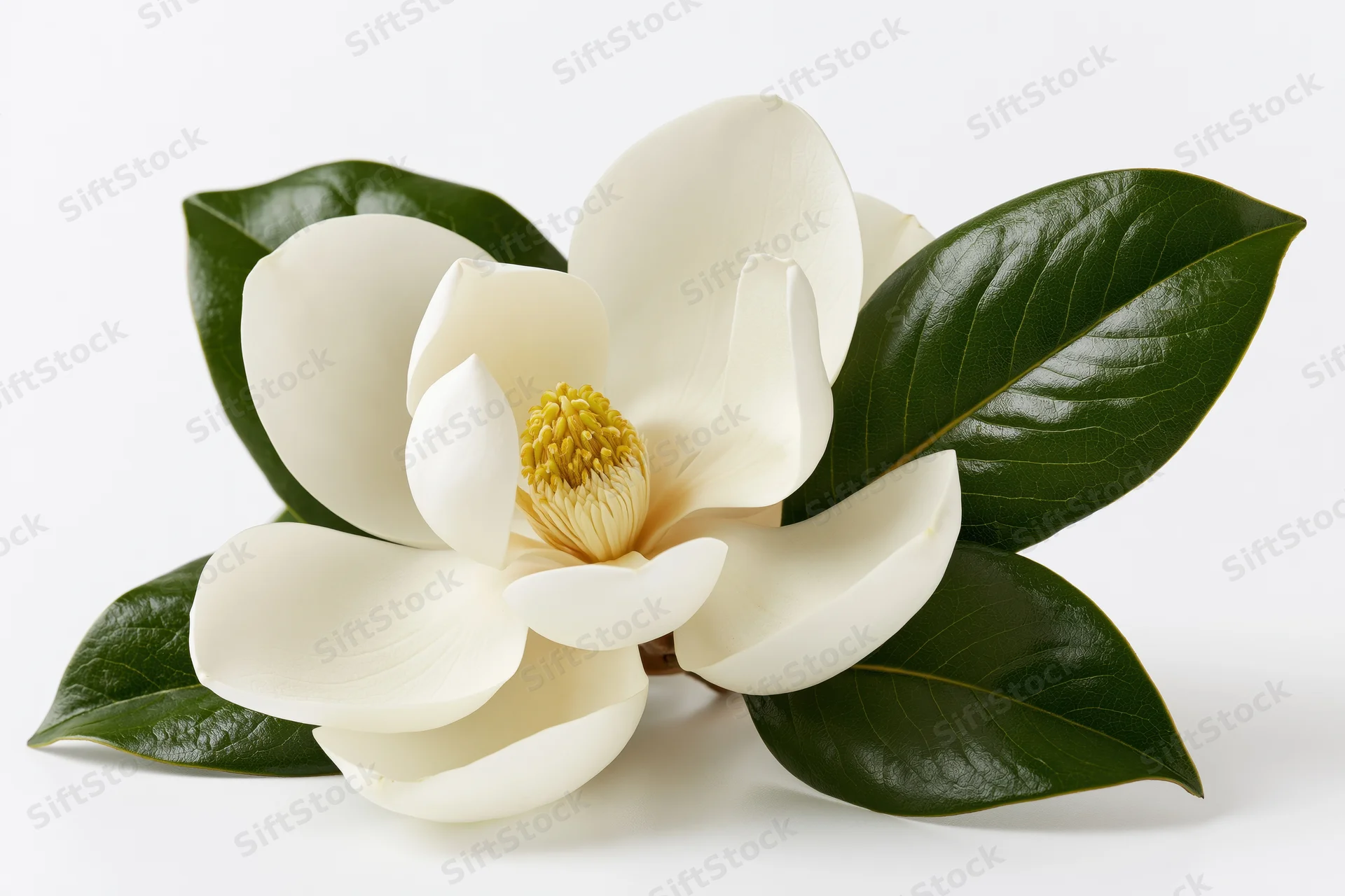 White magnolia bloom with green leaves on a short stem against white background