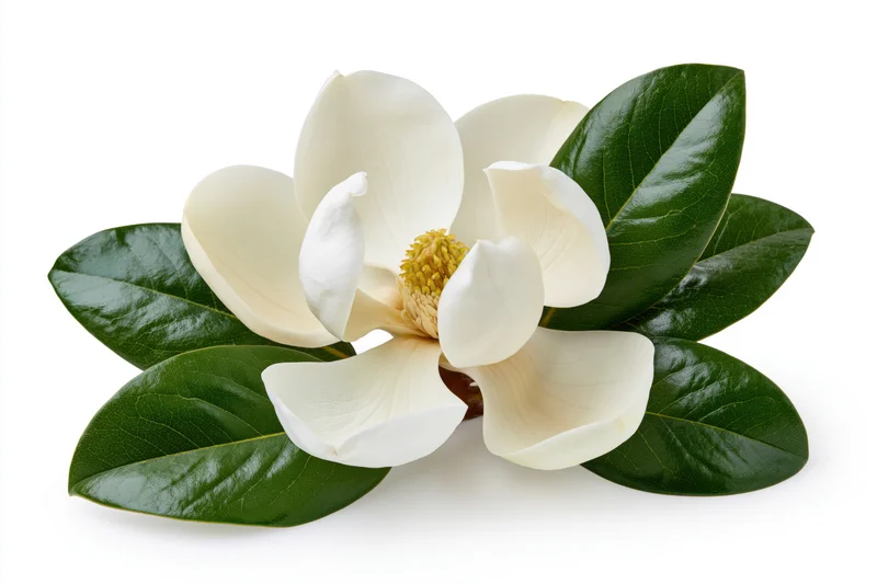 White magnolia bloom with green leaves on a white background