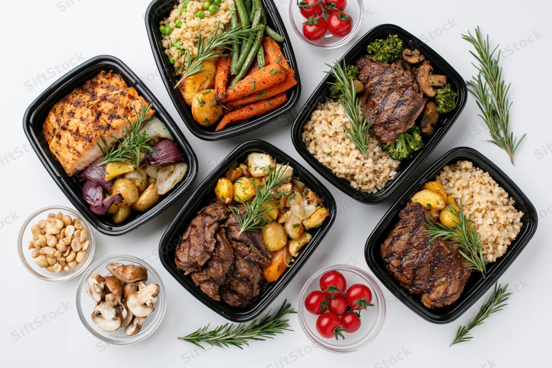 Six black meal prep containers with grilled salmon, beef, vegetables and grains arranged on white surface with garnishes and small bowls of ingredients around